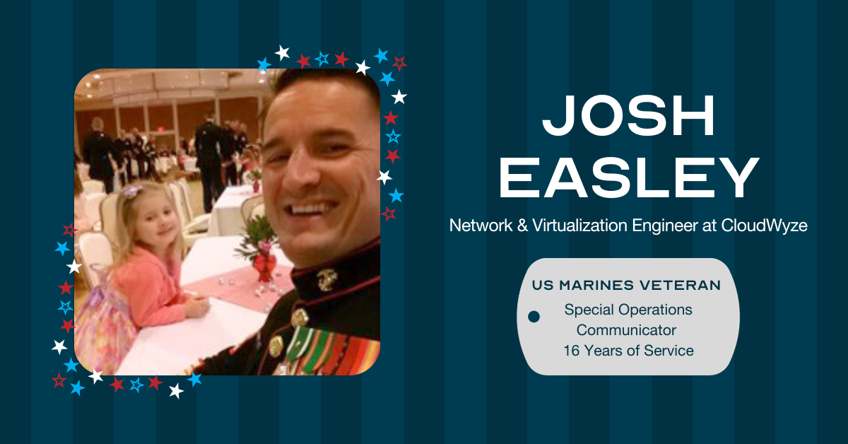 CloudWyze honors US veterans and military families hire veterans in wilmington nc veterans day 2023 Josh Easley Network & Virtualization Engineer at CloudWyze US Marines Veteran Special Operations Communicator 16 Years of Service